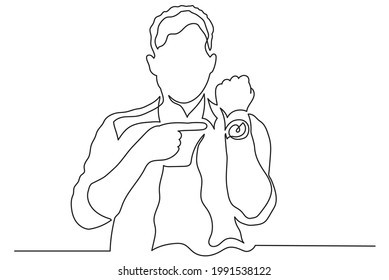 Continuous line drawing of a man points his finger at the watch on his hand. Limited time supply concept.