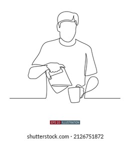 Continuous line drawing of The man pours coffee into a cup. Template for your design works. Vector illustration.