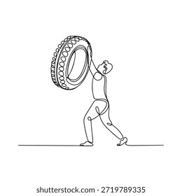 Continuous line drawing of a man powerfully lifting a large tire for exercise