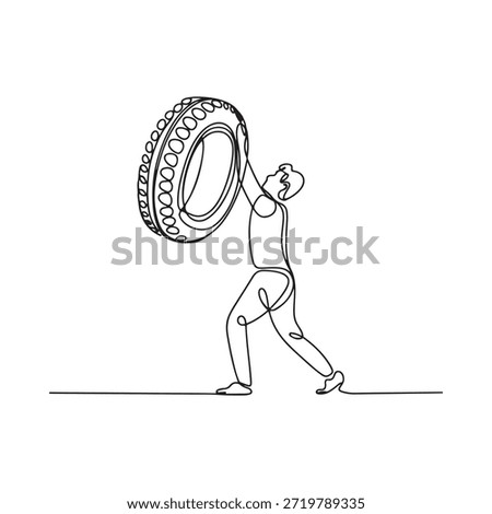 Continuous line drawing of a man powerfully lifting a large tire for exercise