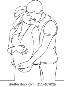 Continuous line drawing of a man with a pregnant woman. Greeting card concept. vector illustration
