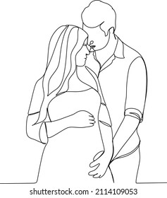 Dibujo continuo de un hombre con una mujer embarazada. Concepto de tarjeta de felicitación. ilustración vectorial