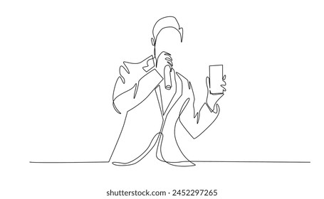 continuous line drawing of man presenting with microphone and mobile phone.showing achievements, success.public presentation.single line vector isolated on white background