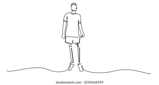 continuous line drawing of man with prosthetic leg.one line drawing of man wearing prosthetic leg.health aid.single line vector illustration.isolated white background