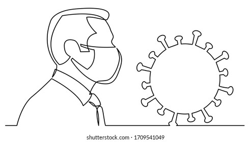 continuous line drawing of man in protective mask and coronavirus symbol