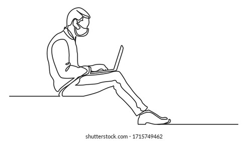 continuous line drawing of man in protective mask sitting working on laptop computer