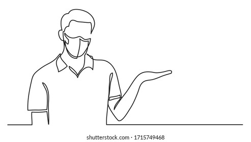 continuous line drawing of man in protective mask showing at copy space