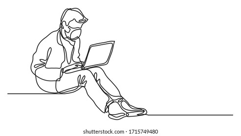 continuous line drawing of man in protective mask sitting working behind laptop computer