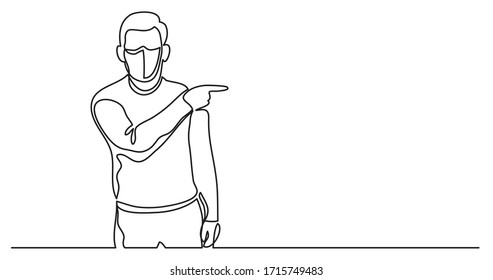 continuous line drawing of man in protective mask pointing finger at copy space