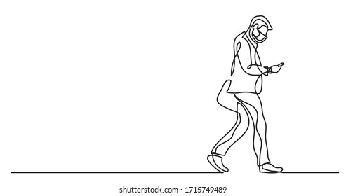 continuous line drawing of man in protective mask walking watching his mobile phone