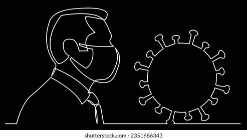 continuous line drawing of man in protective mask and coronavirus symbol