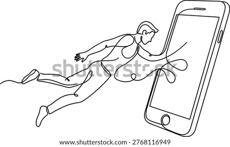 Continuous line drawing man pulled into smartphone addiction digital trap technology dependence concept minimal vector outline illustration style modern