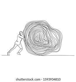 continuous line drawing of man pushing stone vector illustration