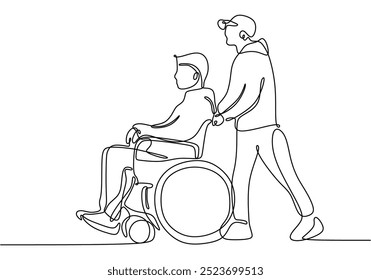 Desenho de linha contínua de um homem empurrando outro homem em uma cadeira de rodas. Ilustra o trabalho em equipe e a amizade por meio de uma simples lente artística.