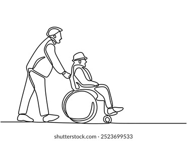 Dibujo de línea continuo de un hombre empujando a otro hombre en una silla de ruedas. Ilustra la Asistencia y la camaradería a través de una lente artística simple.