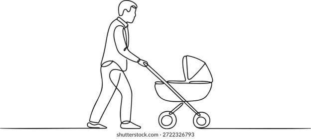 Dibujo de línea continuo del hombre que empuja el concepto de cuidado de padres de papá que camina del cochecito de bebé. Ilustración vectorial simple de la línea negra sola que dibuja aislada en fondo transparente. Día de la familia del estilo de vida de la paternidad amor niño que camina. Elemento de diseño para la impresión de la tarjeta de Web del Anuncio del cartel.