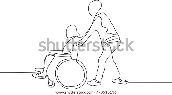 患者と車椅子を押す男性の連続線画 のベクター画像素材 ロイヤリティフリー