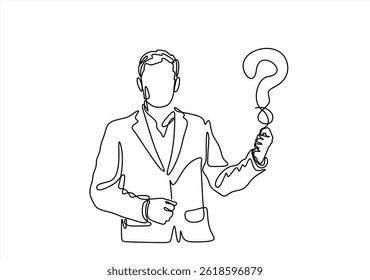 Desenho de linha contínua do homem com ponto de interrogação. Símbolo linear pensativo. Conceito de debate. Ilustração vetorial isolada em branco.