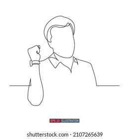 El continuo dibujo de la línea del hombre levantó la mano con un puño apretado. Un gesto de alegría y victoria. La plantilla para el diseño funciona. Ilustración vectorial.
