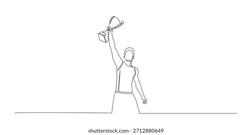 Kontinuierliche Linienzeichnung eines Mannes, der eine Trophäe in einer triumphalen Pose erhebt. Einzeilige Illustration, die Sieg, Leistung, Erfolg, Motivation und das Feiern zum Sieg symbolisiert.