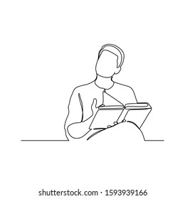 continuous line drawing of man reading book vector illustration