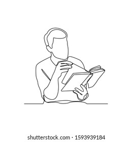 continuous line drawing of man reading book vector illustration