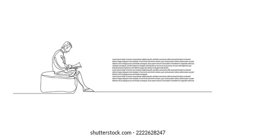 continuous line drawing of a man reading a book. Abstract line drawing of a book reading activity relieves the fatigue of sitting in a soft chair