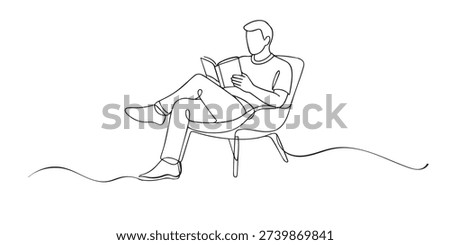 Continuous line drawing of a man reading a book while sitting comfortably. One line drawing for leisure time, relaxation, and lifestyle concept.