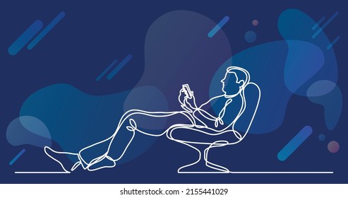 continuous line drawing of man relaxing in chair with his mobile phone