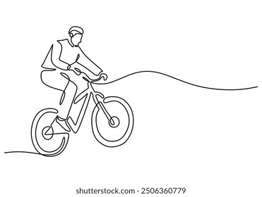 Continuous line drawing of a man riding a bicycle, urban cyclist in minimalist style.