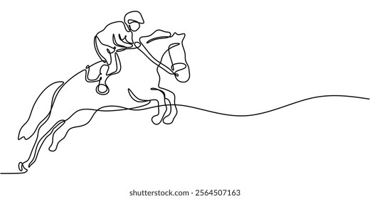 Continuous line drawing of a man riding a horse, showcasing the athleticism and elegance of the sport. Minimalist design for health and fitness. Vector illustration hand drawn.