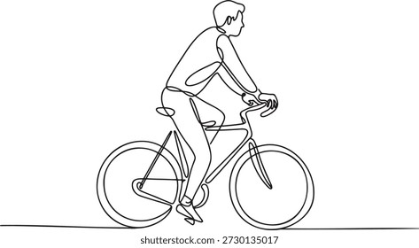 Continuous line drawing of a man riding a bicycle. Urban commuting, healthy lifestyle, and leisurely activity concept. Single line art of a person cycling, showcasing a relaxed posture and everyday movement. Minimalist design for lifestyle and transportation themes.