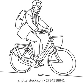 Continuous line drawing of a man riding a bicycle, backpack, sunglasses, healthy lifestyle. Commuting to work, eco friendly transport, urban cycling, fitness, exercise, active travel. Vector illustration isolated on transparent background.