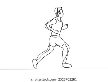 Continuous line drawing of a man running with a headset. Simple design representing modern fitness and activity. Vector illustration.