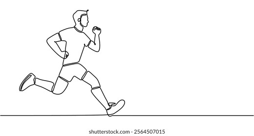 Continuous line drawing of a man running, representing vitality, energy, and an active life. Minimalist design for fitness enthusiasts. Vector illustration hand drawn.