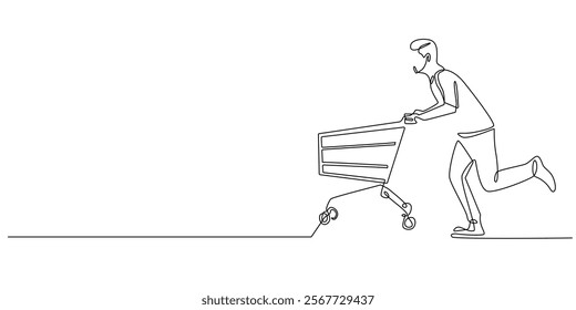 continuous line drawing of man running with shopping cart.one line drawing of young man running with trolley.hunting shopping discounts.single line vector illustration.isolated white background