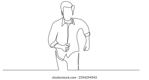 continuous line drawing of a man running. One line drawing of a running man seen from the front. Suitable for photos of chasing dreams, chasing transportation, delay, sports