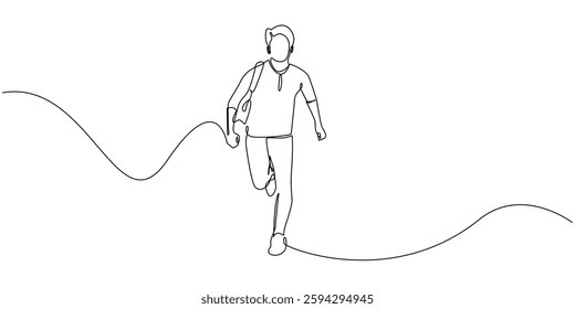 continuous line drawing of a man running. One line drawing of a running man seen from the front. Suitable for photos of chasing dreams, chasing transportation, delay, sports