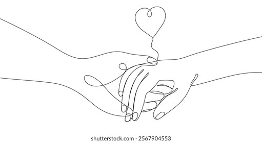 Continuous line drawing of a man s and woman hands holding each other,
