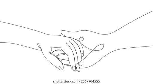 Continuous line drawing of a man s and woman hands holding each other,