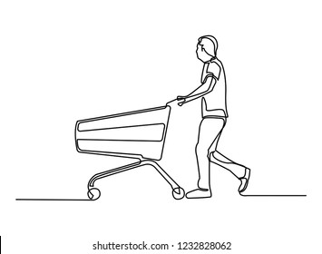 Continuous Line Drawing Man In Salwar Suit With Shopping Cart