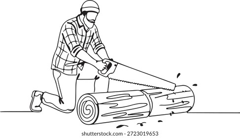 Desenho de linha contínua de um homem serrando um tronco, representando o trabalho manual de madeira, trabalho florestal, ou um artesão cortando madeira com um serrote