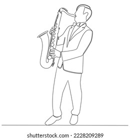 Continuous line drawing man saxophonist performing saxophone vector line art illustration