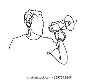 continuous line drawing of man screaming on megaphone