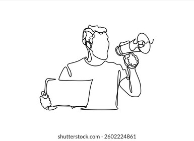 continuous line drawing of man screaming on megaphone	