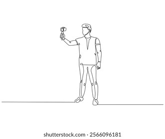 Continuous line drawing of man selfie use smartphone. Single line illustration of man take a selfie. Traveler, lifestyle concept. Editable outline