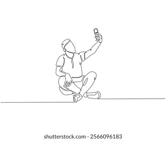 Continuous line drawing of man selfie use smartphone. Single line illustration of man take a selfie. Traveler, lifestyle concept. Editable outline