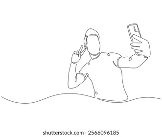 Continuous line drawing of man selfie use smartphone. Single line illustration of man take a selfie. Traveler, lifestyle concept. Editable outline