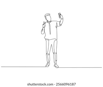 Continuous line drawing of man selfie use smartphone. Single line illustration of man take a selfie. Traveler, lifestyle concept. Editable outline