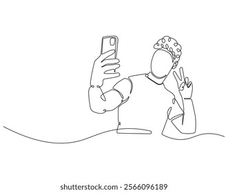 Continuous line drawing of man selfie use smartphone. Single line illustration of man take a selfie. Traveler, lifestyle concept. Editable outline